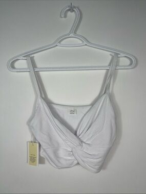 Aritzia White Ribbed Twist-Front Crop Top